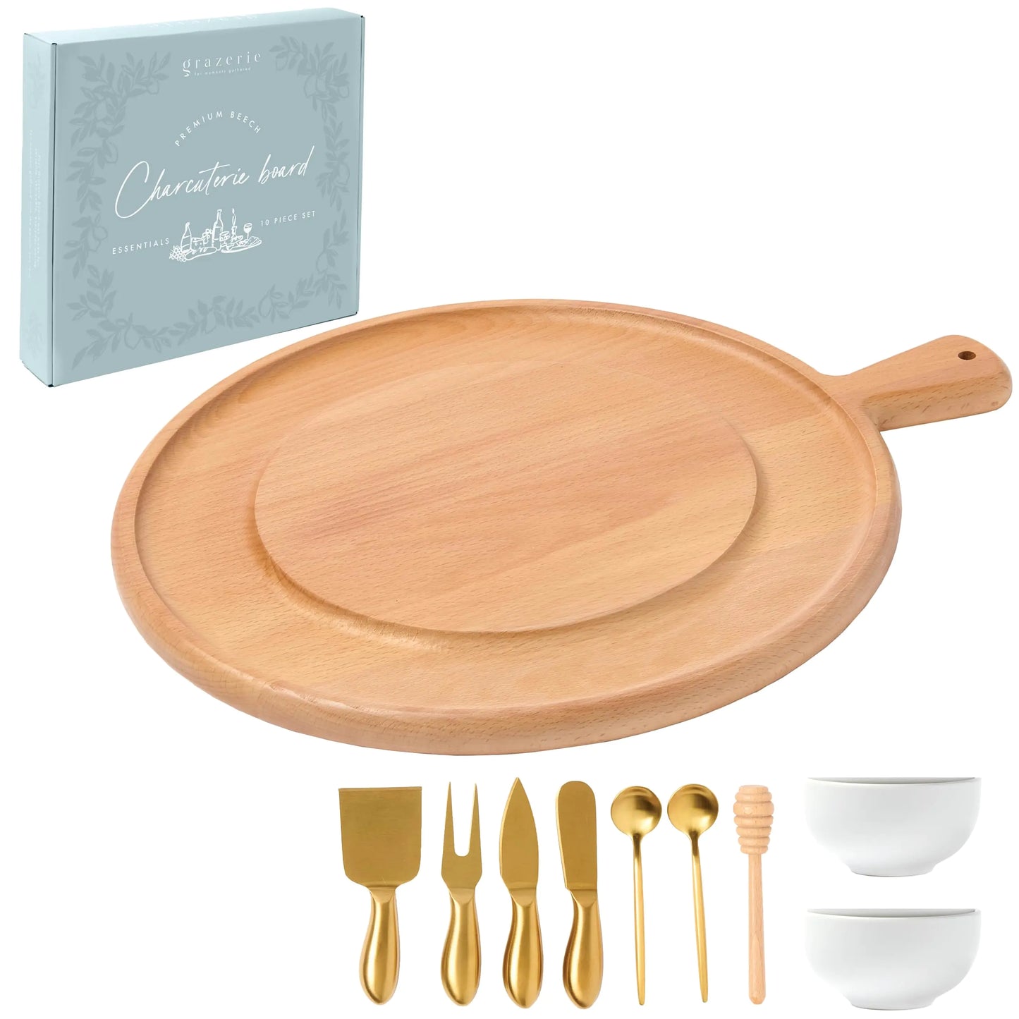 Grazerie Charcuterie Board Gift Set - Beech Round Serving Board with Handle and Complete Knife Set with Bowls for Entertaining - 10 Piece Set for House Warming Wedding Gift